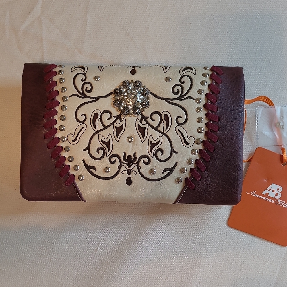 American Bling Women's Foldover Clutch Crossbody with Burgundy, Cream Design